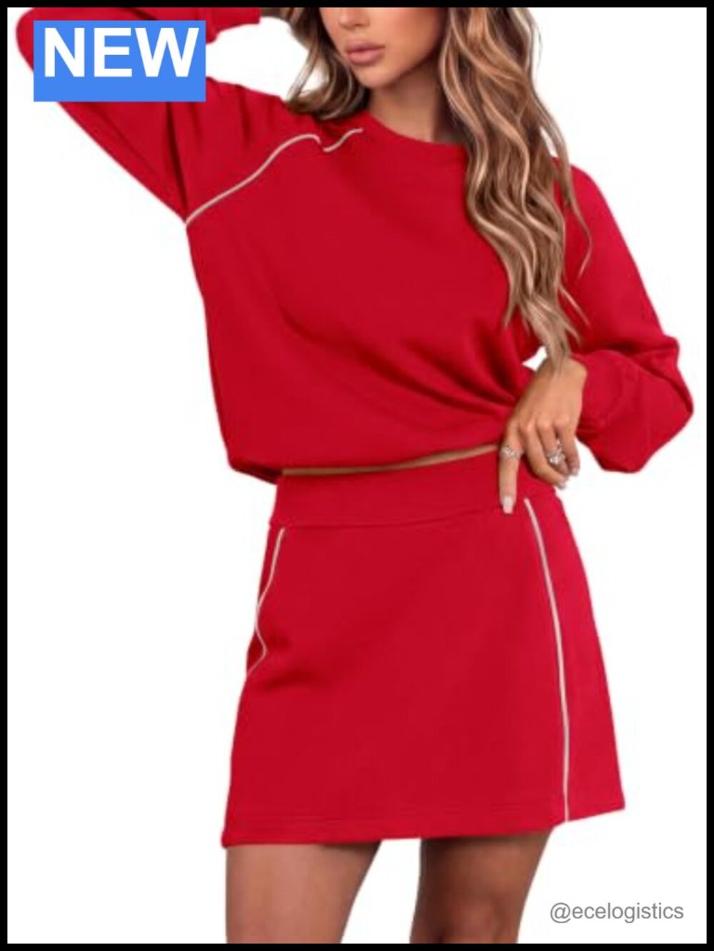 Navy Blue Two Piece Skirt Set Long Sleeve Crewneck Athletic Lounge Outfit
